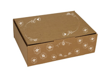 Load image into Gallery viewer, Cybershield Packaging Australia Bown kraft box with customised white flowers printed on top and front
