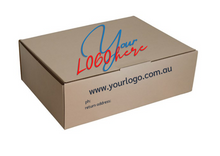 Load image into Gallery viewer, Cybershield Packaging Australia Bown kraft box with customised printing the words &quot;your Logo here&quot; on the lid and www. your logo . com on front along with phone number and return address
