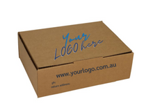 Load image into Gallery viewer, Cybershield Packaging Australia Bown kraft box with customised printing the words &quot;your Logo here&quot; on the lid and www. your logo . com on front along with phone number and return address
